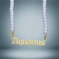 Aquarius Zodiac Pearl Choker Necklace Gold Name