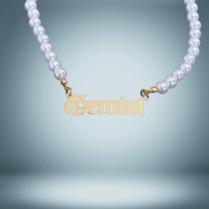 Gemini Zodiac Pearl Choker Necklace Gold Name