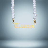 Taurus Zodiac Pearl Choker Necklace Gold Name