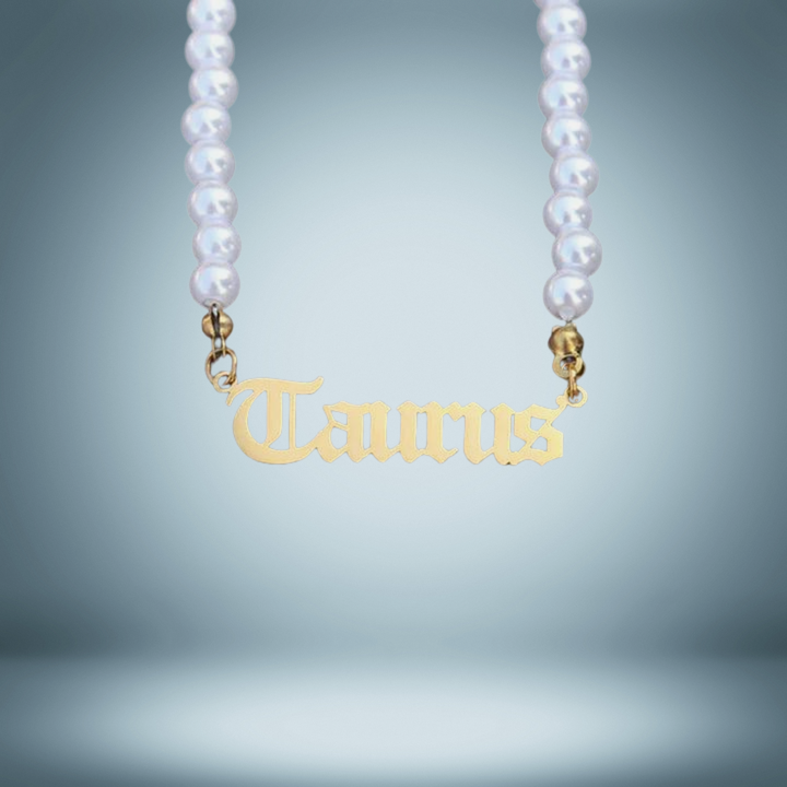 Taurus Zodiac Pearl Choker Necklace Gold Name