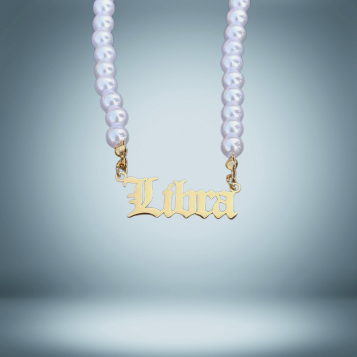 Libra Zodiac Pearl Choker Necklace Gold Name